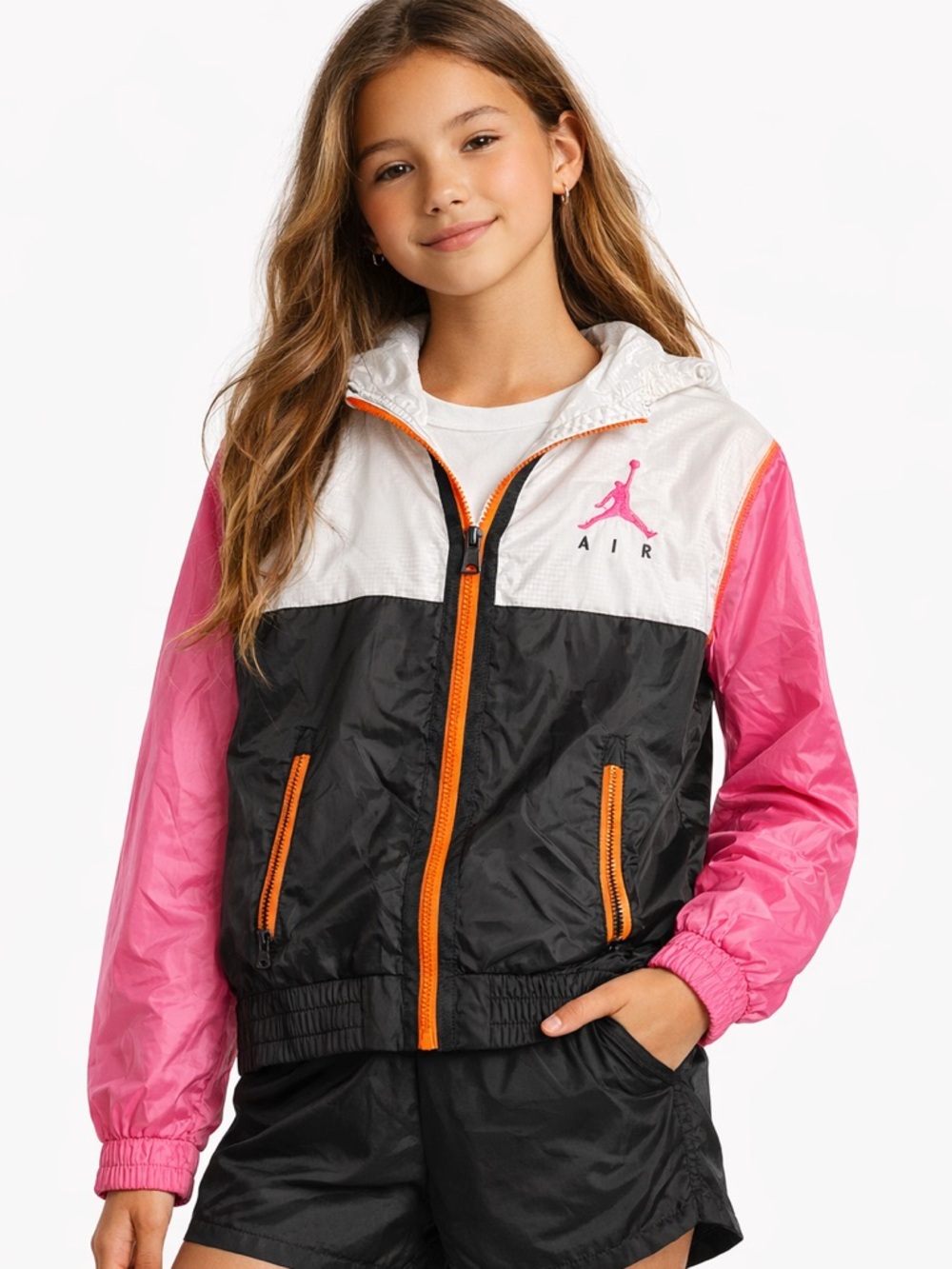 Jordan Air Youth M Windbreaker Pink Black Colorblock Hooded Jacket 10-12